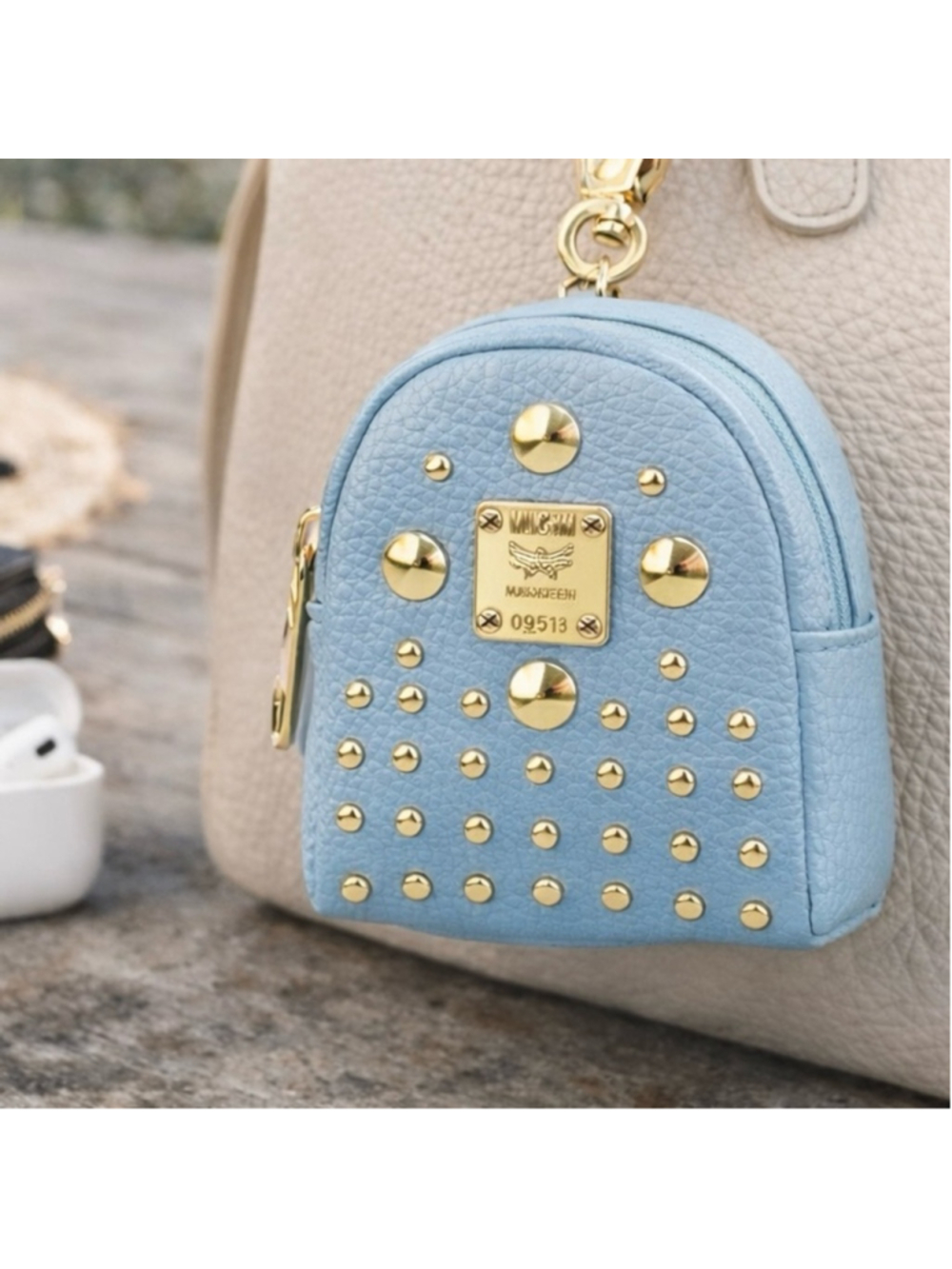 Light Blue Gold Studded Mini Backpack Bag Charm Keychain Earbud Case